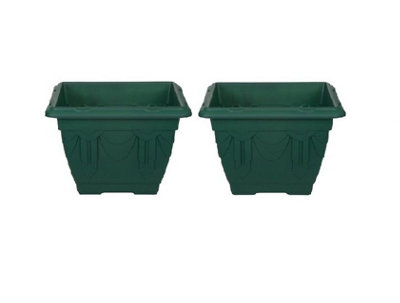 2 x 22cm Square Venetian Pot Decorative Plastic  Garden Flower Planter Green