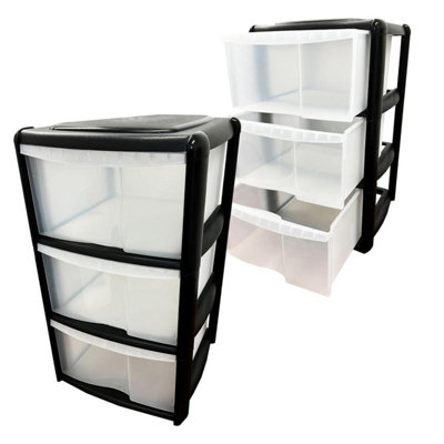 2 x 3 Drawer Black Frosted Home Office Spacious Storage Unit Organisers