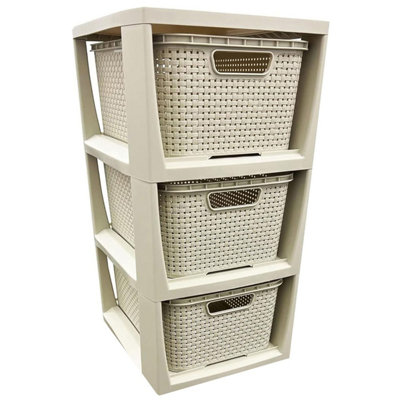 2 x 3 Drawer Cream Rattan Effect Commode Stylish Home Office Storage Tower Unit Basket