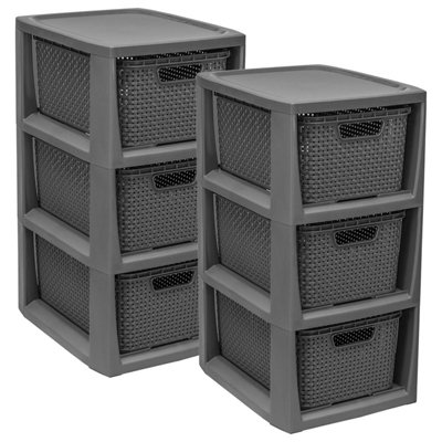 2 x 3 Drawer Grey Stylish Rattan Effect Commode Baskets Home Office Storage Units