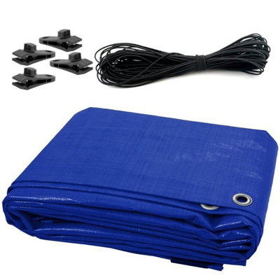 2 x 3 m Tarpaulin Waterproof Cover Ground Sheet Camping with 4 Tarp Clips + 10m / 30ft Bungee Cord (Blue - 55GSM)