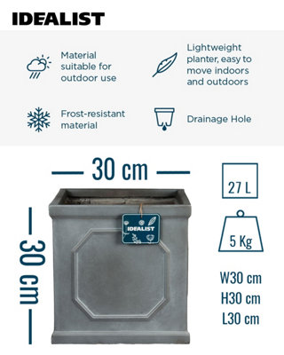 2 x 30cm Square Planter, Leaden Grey Reinforced Stone Garden Planters ...