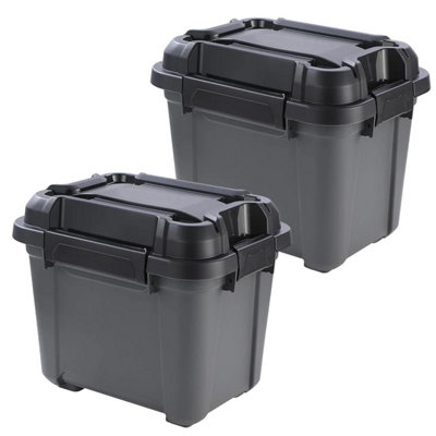 2 x 31 Litres Indoor Outdoor Heavy Duty Black Storage Bunker Trunks Ideal For DIY Use Tradesman & Handyman