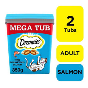 2 x 350g Dreamies Adult Cat Treats Mega Tubs Salmon Cat Biscuits 700g