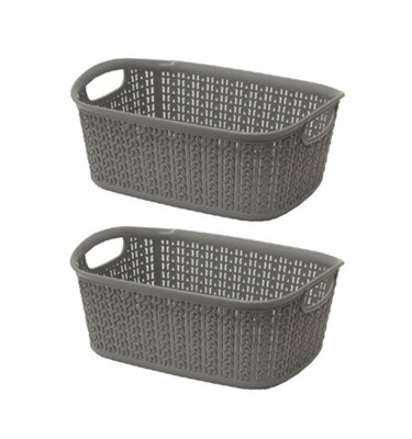 2 x 3L Loop Knitted Effect Grey Rectangle Plastic Storage Basket 27cm x 20cm x 10cm