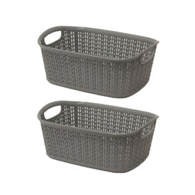 2 x 3L Loop Knitted Effect Grey Rectangle Plastic Storage Basket 27cm x 20cm x 10cm
