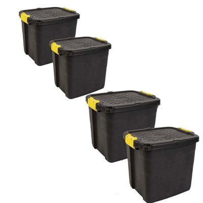 2 x 42 Litre Large Heavy Duty Indoor Outdoor Black Storage Trunks With Clip On Lids