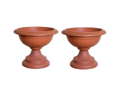 2 x 42cm Grecian Plastic Urn Garden Patio Planter Plant Pot Bowl - Terracotta Colour