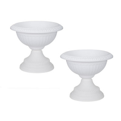 2 x 42cm Grecian Plastic Urn Garden Patio Planter Plant Pot Bowl - White