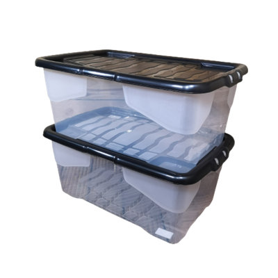 2 x 42L Clear Storage Box with Black Lid, Stackable and Nestable Design Storage Solution