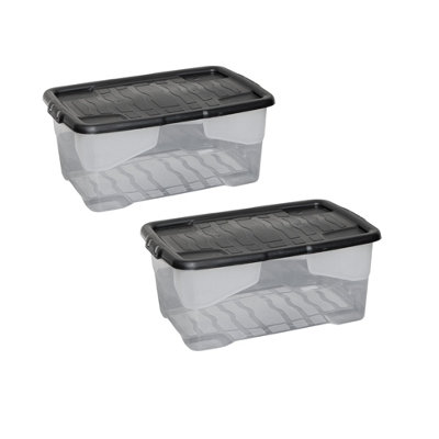 2 x 42L Clear Storage Box with Black Lid, Stackable and Nestable Design ...