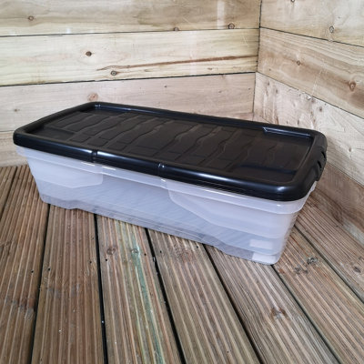 2 x 42L Clear Under Bed Storage Box with Black Lid Stackable and Nestable Design Storage