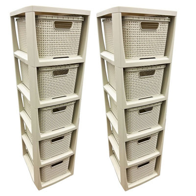 2 x 5 Drawer Cream Stylish Rattan Effect Commode Baskets Home Office Storage Units