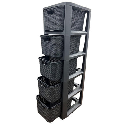 2 x 5 Drawer Grey Rattan Effect Commode Stylish Home Office Storage Tower Unit Basket