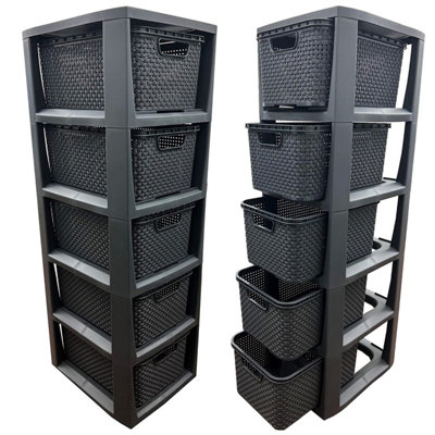2 x 5 Drawer Grey Rattan Effect Commode Stylish Home Office Storage Tower Unit Basket