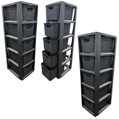 2 x 5 Drawer Grey Rattan Effect Commode Stylish Home Office Storage Tower Unit Basket