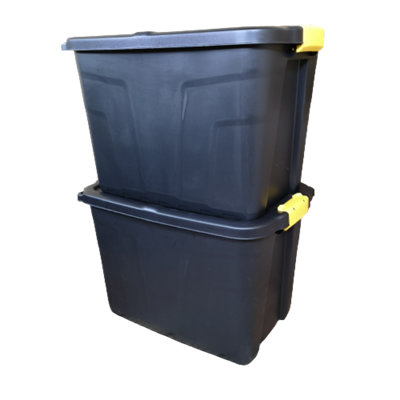 2 x 60L Heavy Duty Storage Tubs Sturdy, Lockable, Stackable and Nestable Design Storage Chests with Clips in Black