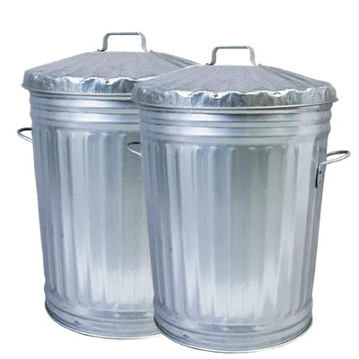 2 x 90L Galvanised Metal Home Kitchen Storage Rubbish Bin With Lid & Handles