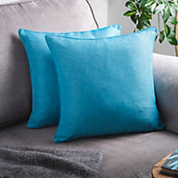 2 x Aqua Cushions with Inserts - Large Square Jewel Toned Textured Zipped Covers with Hollowfibre Pads - Each 46 x 46cm
