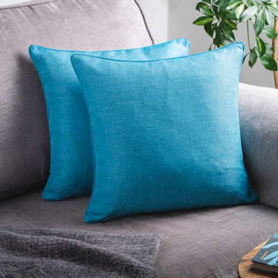 2 x Aqua Cushions with Inserts - Large Square Jewel Toned Textured Zipped Covers with Hollowfibre Pads - Each 46 x 46cm