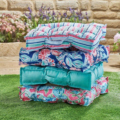2 x Aqua Garden Booster Cushions - Floor Pillows or Furniture Seat Pads with Water Resistant Fabric & Handle - 51 x 51 x 10cm
