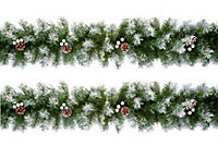 2 x Artificial Christmas Garland Snow Tipped White Berry and Pine Cone Green Garland 2.7M