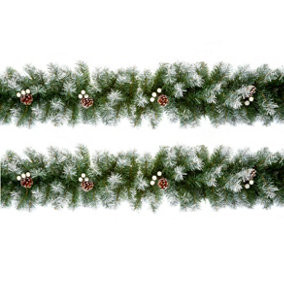 2 x Artificial Christmas Garland Snow Tipped White Berry and Pine Cone Green Garland 2.7M