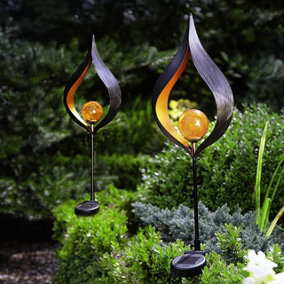 2 x Aura Flame Globe Stake Lights - Solar Powered Zen Style Outdoor Garden Metal LED Globe Light - Measures H91 x W16.8 x D7.2cm