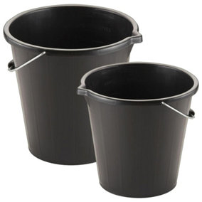 2 x Black 14 Litre Plastic Water Storage Cement Mixing Buckets