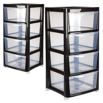 2 x Black 4 Tier Bedside Clear Plastic Storage Drawer Cabinets Unit Ideal For Home Office & Schools