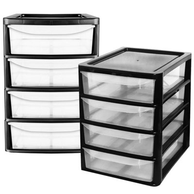 2 x Black A4 Table & Desktop Compact Bedside Plastic Storage Units With 4 Clear Drawers