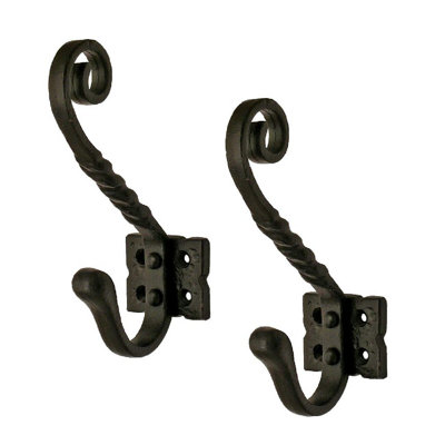 2 x Black Cast Iron Tudor Hat and Coat Hooks Twisted Antique Robe Hangers