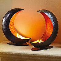 2 x Black Crescent Candle Holders - Indoor or Outdoor Moon Shaped Iron Tea Light Holder with Gold Inner - Each H17.5 x W20 x D6cm