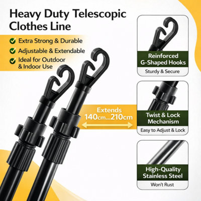 2 x Black Heavy Duty Telescopic Clothes Line Pole Height Adjustable ...