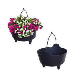 2 x Black Plastic Cauldron Planter Flower Basket With Handle Small Round Pot 26cm