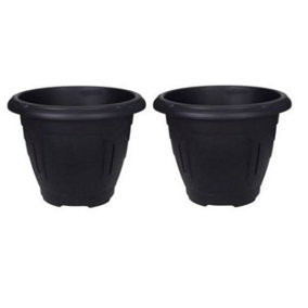 2 x Black Round Venetian Pot Decorative Plastic Garden Flower Planter Pot 24cm