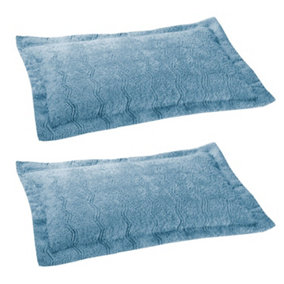 2 x Blue Candlewick Pillow Shams - Soft & Lightweight 100% Cotton Pillow Cover Cases with Wave Design - Measure W66 x D51cm