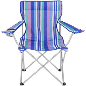 2 x Blue & White Striped Foldable Outdoor Garden Camping Chairs With Cup Holder & Arm Rest