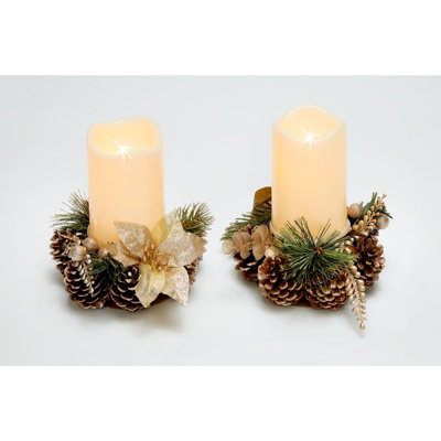 2 x Candle Holders with LED Candles, Frosted Festive Pinecones, Pine
