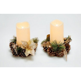 2 x Candle Holders with LED Candles, Frosted Festive Pinecones, Pine Needles & Bows - Measures H7.5cm x 15cm Diameter