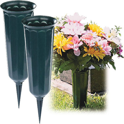 2 x Cemetery Vases - Weather Resistant Plastic Spiked Memorial Grave Vase for Fresh or Artificial Flowers - Each H25.5 x 7.5cm