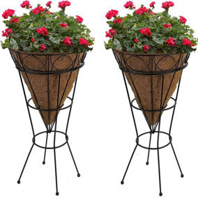 2 x Cone Shaped Jardiniere Planter & Coco Liner Wrought Iron Freestanding