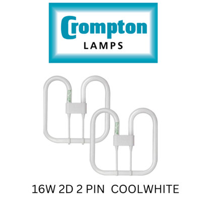 2 X CROMPTON 16W 2D 2 PIN COOL WHITE LIGHT BULB BUTTERFLY COMPACT FLUORESCENT