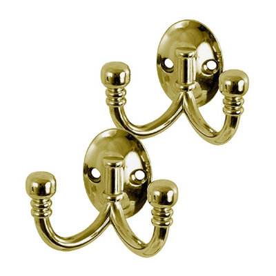 2 x Double Coat Hooks Polished Brass, Metal Ball End, Door Robe & Dress ...