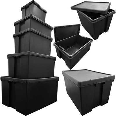 2 x Extra Large 24 Litre Stackable Black Strong Impact Resistant Plastic Containers With Lids