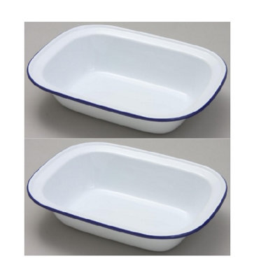 2 x Falcon 18cm Oblong Enamel Pie Dish Non Stick Oven Baking Dish White Blue Rim