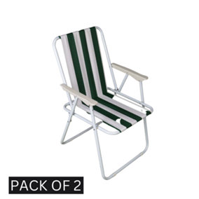 2 x Foldable Garden Chairs Fixed position garden chairs with white frame and white / green striped fabric