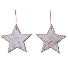 2 x Glitter Star Hanging Ornaments - Natural Wood Indoor Home Festive Christmas Decorations with String Loop - Measure H11 x W12cm