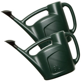 2 x Green 6 Litre Garden Watering Cans With a Detachable Rose Head Sprinkler & Durable Handles