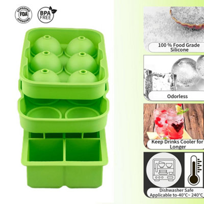 2 x Green Ice Cube Trays Set Spheres Balls and Cubes Large Lid Silicone ...